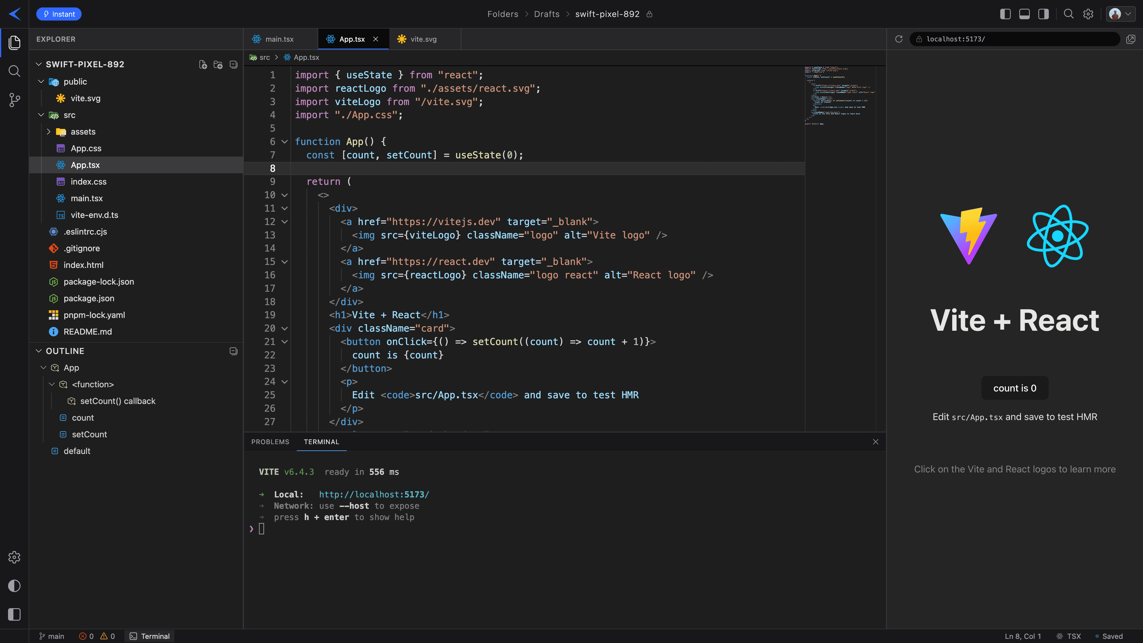 WebSandbox IDE — browser-native code editor with file explorer, terminal and live preview